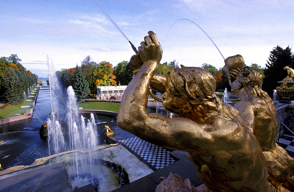 Russia, Saint Petersburg, Peterhof (Petrovorets) Castle And Park, The Canal To The Baltic Sea, Waterworks In Fore 