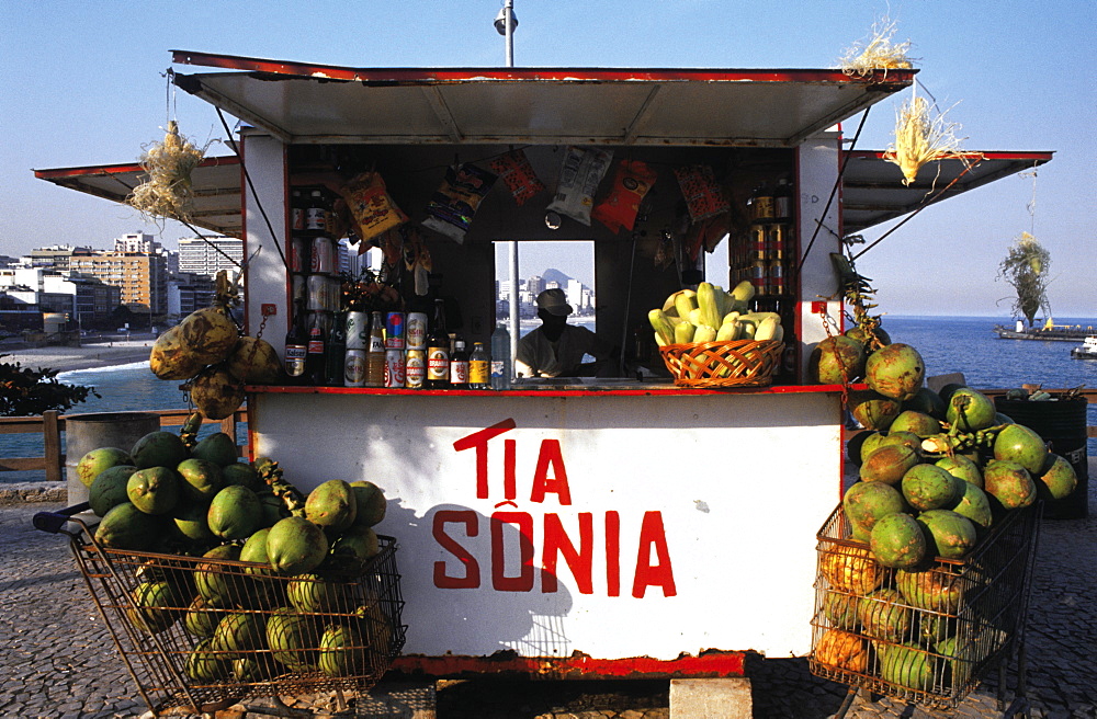 Brazil, Rio.Ipanema Beach.Coco Nuts Baraque On The Beach And Vendor