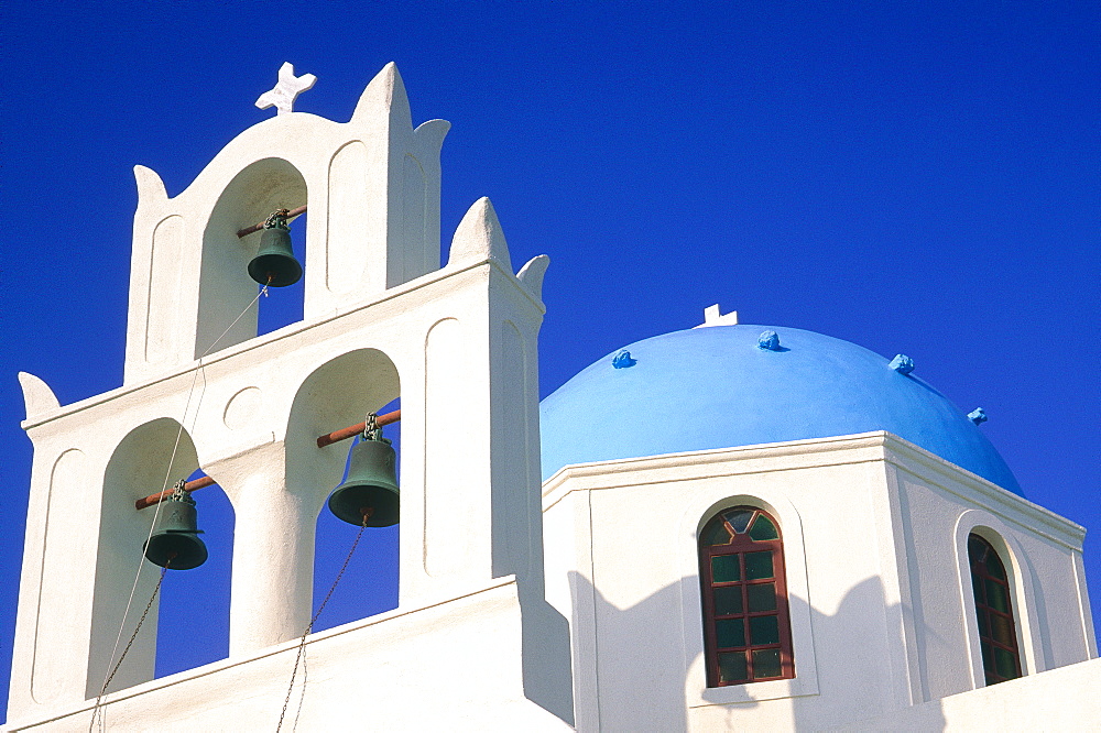 Greece, Cyclades, Santorini Island, Ia Village, Blue Chapel Dome And Belfry