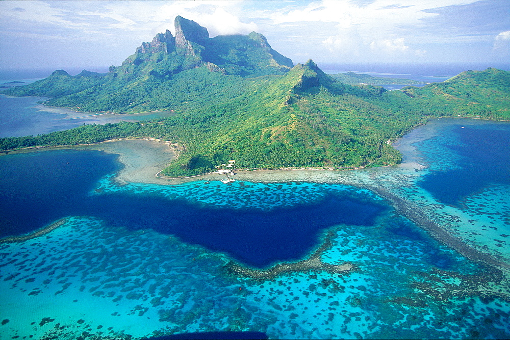 French Polynesia, Iles Sous-Le-Vent, Bora-Bora Island, Aerail View Of The Island And Lagoon, Mount Otemanu Is The Highest Point