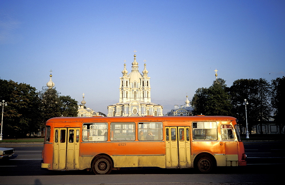 Russia, St-Petersburg, Smolny Monastery Facade, And Bus Passing By