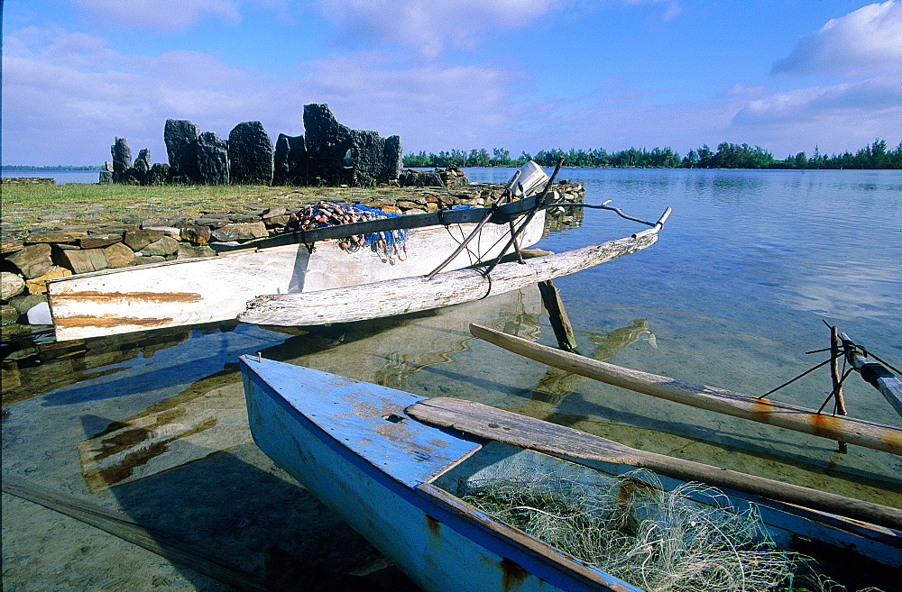 French Polynesia, Society Islands (Iles Sous-Le-Vent), Huahine Island, Outriggers At The Maeva Marae (Ancient Religious Site)