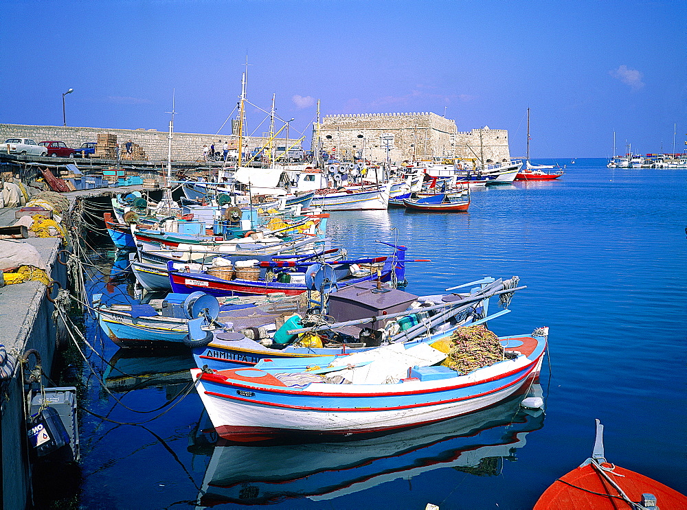 Greece, Crete, Heraklion, The Habour, Colored Fishing Boats