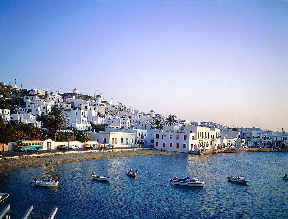 Greece, Mykonos, View Of The Bay And White Houses