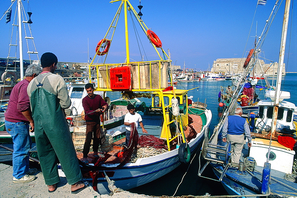 Greece, Crete, Heraklion, The Harbour, Colored Fishing Boats