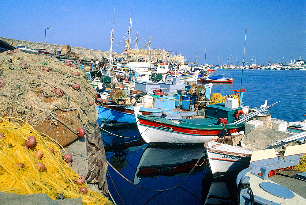 Greece, Crete, Heraklion, The Harbour, Colored Fishing Boats