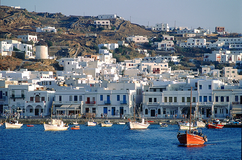 Greece, Cyclades, Mykonos Island, View Of The Village Shore Line From The Sea