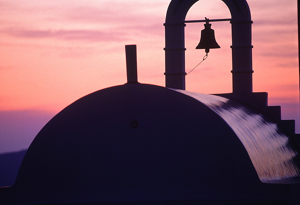 Greece, Cyclades, Mykonos Island, Small Chapel Roof And Belfry At Sunset Counterlight