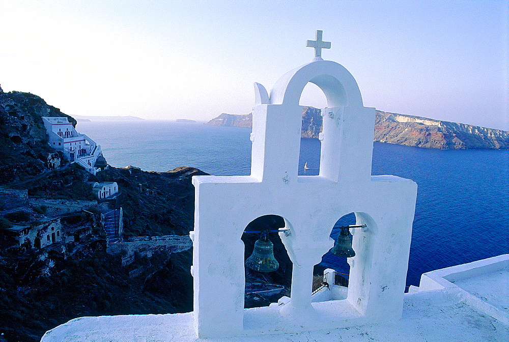 Greece, Cyclades, Santorini Island, Ia Village, White Chapel Belfry Overlooking On The Caldera 