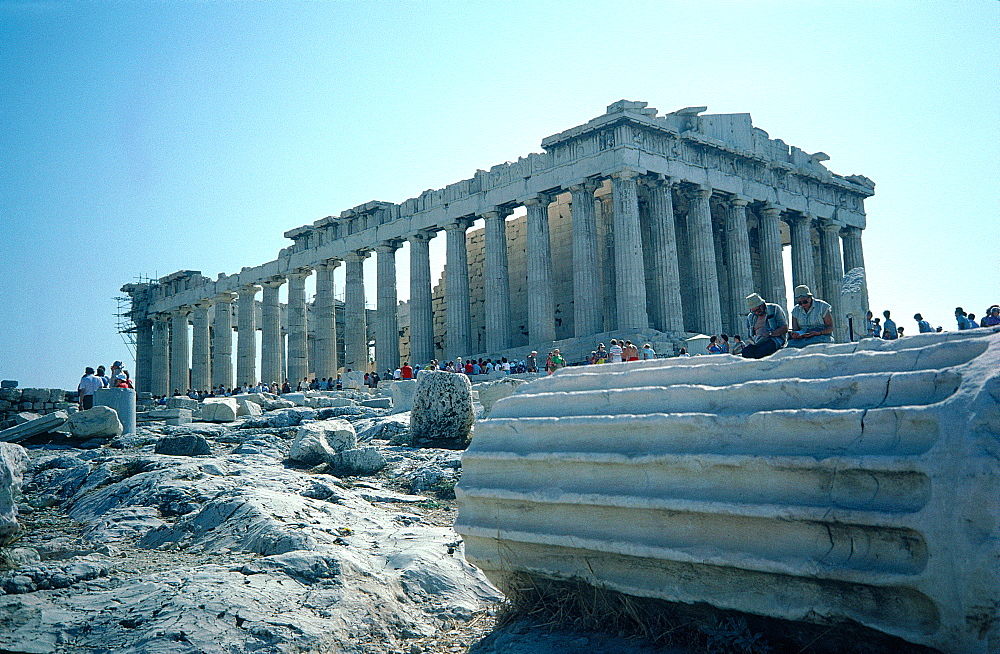 Greece, At Hens, Acropolis Hill, The Parthenon Temple Built By Phidias, Fallen Column At Fore