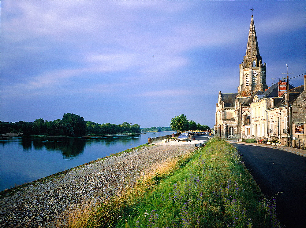 France, To Uraine Val-De-Loire, In Dre-Et-Loire, The River Loire At Brehemont, The Bank And The Village Church