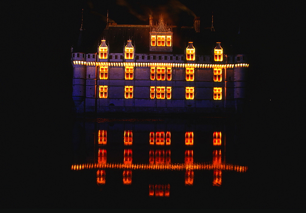 France, To Uraine Val-De-Loire, In Dre-Et-Loire, Azay-Le-Rideau, The Castle, Illuminated At Night