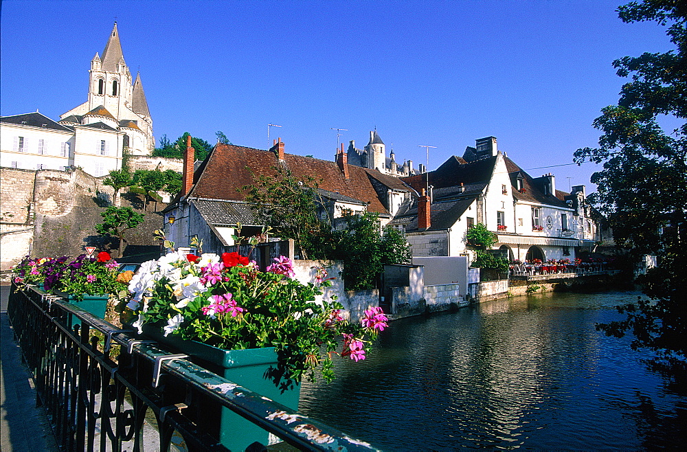 France, To Uraine Val-De-Loire, In Dre-Et-Loire, Loches, The Medieval Church Saint-Michel On To P Of Castle Hill, View On The River