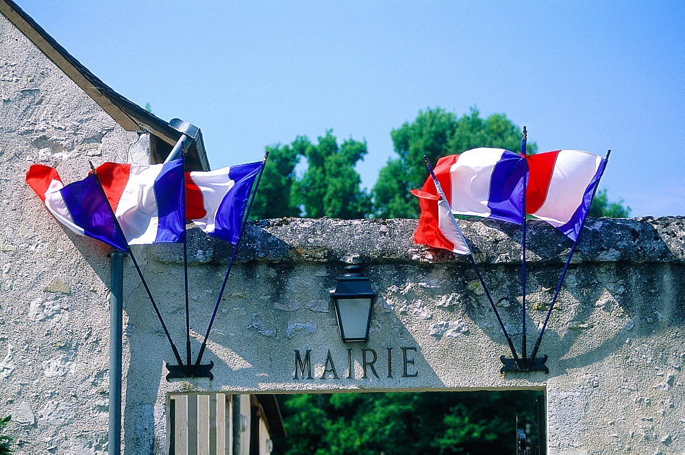 France, To Uraine Val-De-Loire, In Dre-Et-Loire, Small City Hall In A Remote Village, Flags Decorating For The National Day (14th Of July)