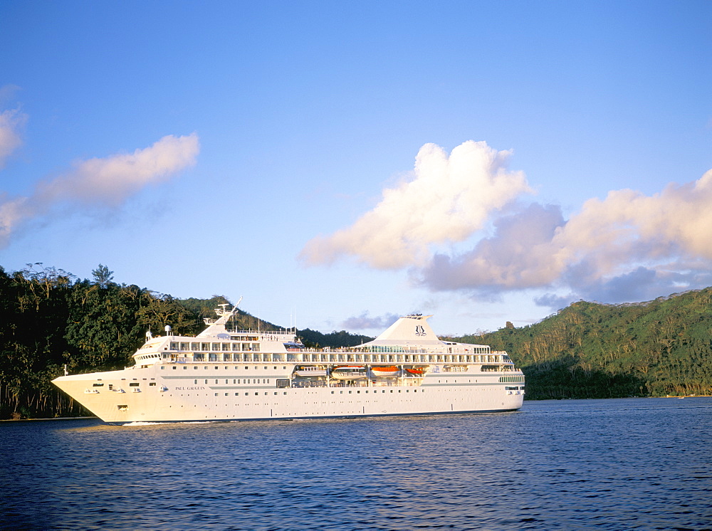 MS Paul Gauguin at dusk in Tahaa Lagoon, Tahaa Island, Society Islands, French Polynesia, Pacific