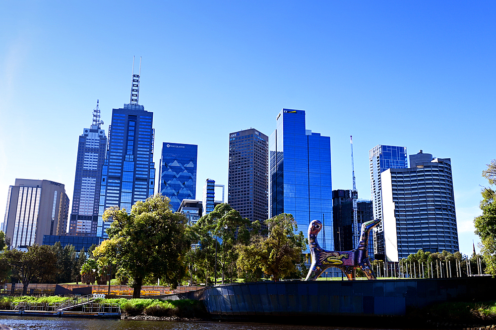 City skyline and sculpture from Yarra River