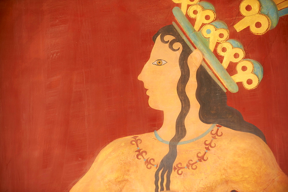 Prince of Lilies fresco, Minoan archaeological site of Knossos, Crete, Greek Islands, Greece, Europe 