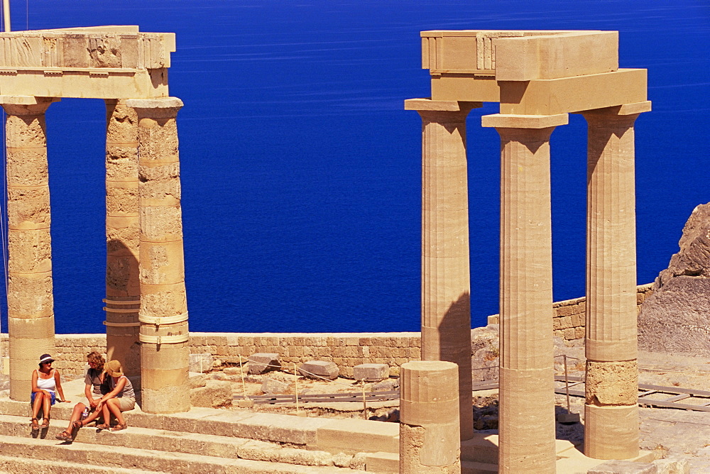 Remains of the Hellenistic stoa, Acropolis of Lindos, Lindos, island of Rhodes, Dodecanese, Greek Islands, Greece, Europe