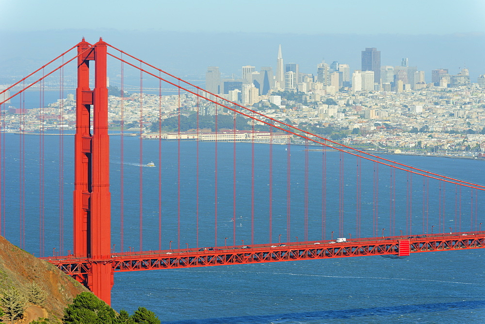 Golden Gate Bridge with San Francisco skyline in background, California, United States of America, North America