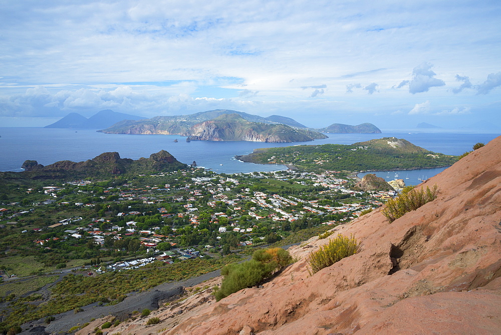 Porto di Levante and Vulcanello view, Aeolian Islands in the background, Vulcano Island, Aeolian Islands, UNESCO World Heritage Site, north of Sicily, Italy, Mediterranean, Europe