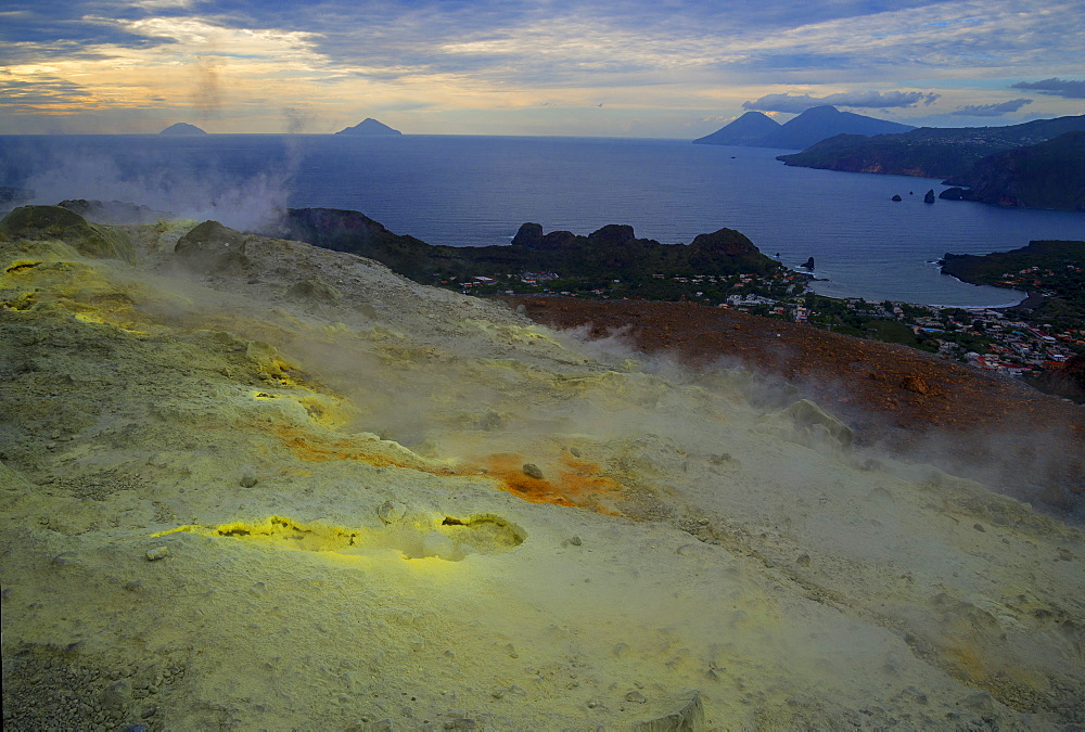 Sulphur and fumaroles smoke on volcano Gran Cratere, Vulcano Island, Aeolian Islands, UNESCO World Heritage Site, north of Sicily, Italy, Mediterranean, Europe