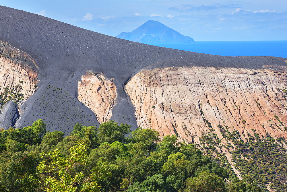 View of Gran Cratere and Finicudi Island, Vulcano Island, Aeolian Islands, UNESCO World Heritage Site, north of Sicily, Italy, Mediterranean, Europe