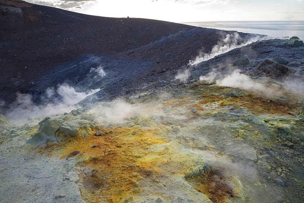 Sulphur and fumarole smoke on volcano Gran crater, Vulcano Island, Aeolian Islands, UNESCO World Heritage Site, north of Sicily, Italy, Mediterranean, Europe