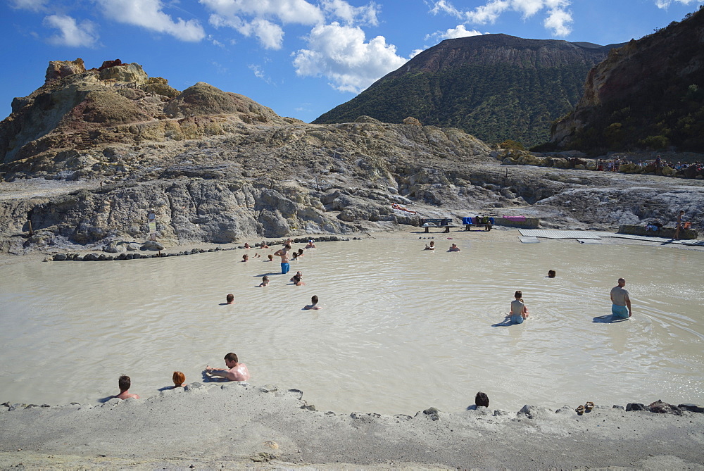 Bathers enjoying the therapeutic benefits of the volcanic mud in the hot spring pool, Vulcano Island, Aeolian Islands, UNESCO World Heritage Site, north of Sicily, Italy, Mediterranean, Europe