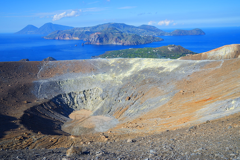 Gran Cratere and Aeolian Islands view, Vulcano Island, Aeolian Islands, UNESCO World Heritage Site, north of Sicily, Italy, Mediterranean, Europe