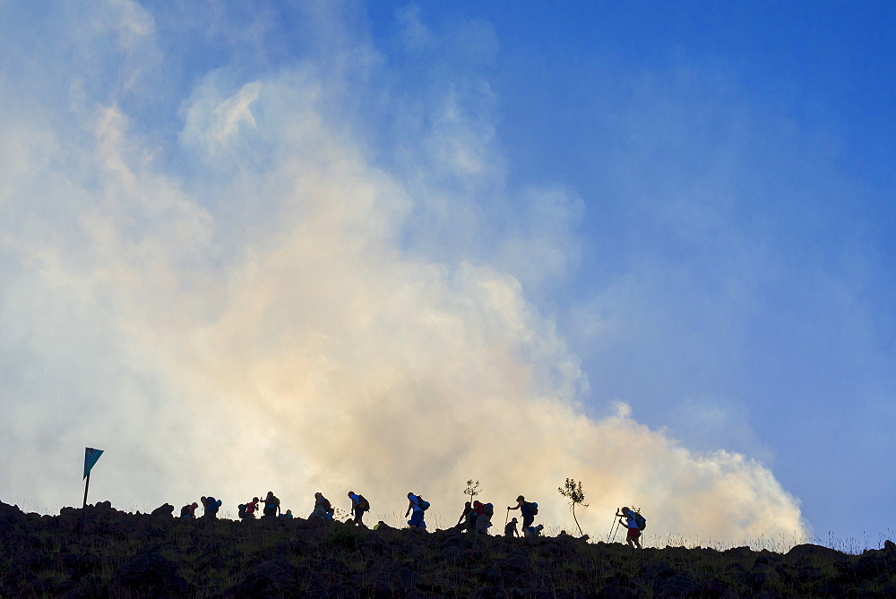 Trekkers approaching Stromboli volcano, Stromboli, Aeolian Islands, UNESCO World Heritage Site, Sicily, Italy, Mediterranean, Europe