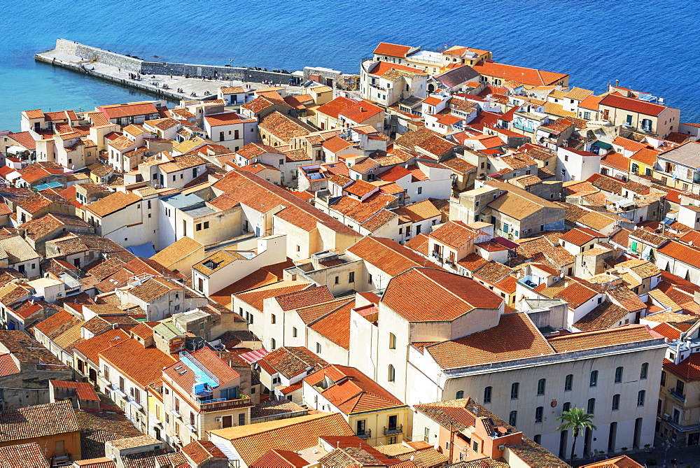 Aerial view of Cefalu from La Rocca, Cefalu, Sicily, Italy, Mediterranean, Europe