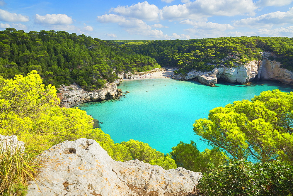 High angle view of Cala Mitjana, Menorca, Balearic Islands, Spain, Mediterranean, Europe