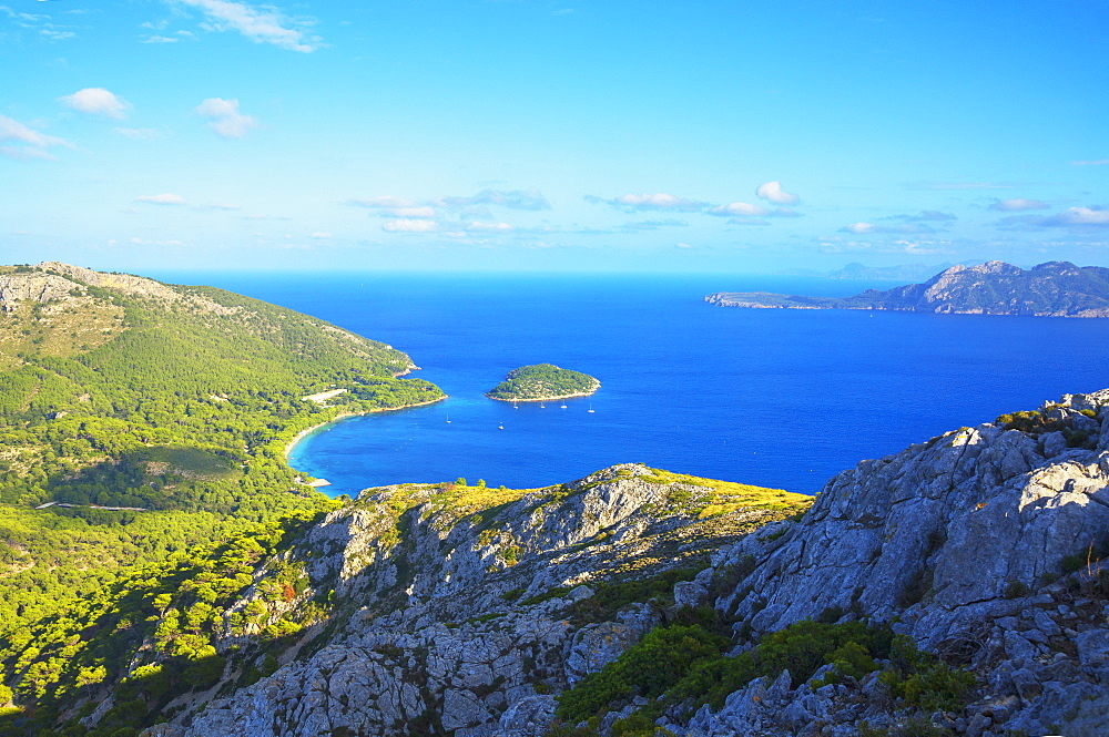 Playa de Formentor and coastline, elevated view, Mallorca (Majorca), Balearic Islands, Spain, Mediterranean, Europe