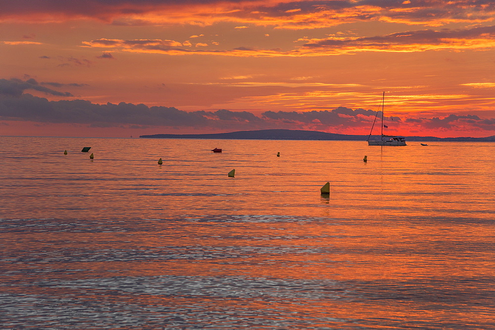 Sailing boat at sunset, Palma de Mallorca, Mallorca, Balearic Islands, Spain, Mediterranean, Europe