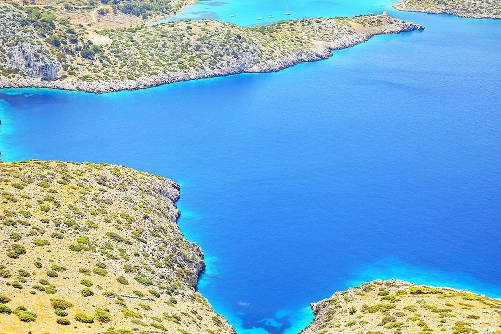 View over Panormitis bay, Panormitis, Symi Island, Dodecanese Islands, Greece