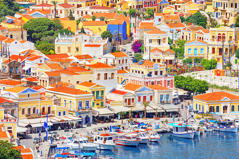 Gialos Harbour, high angle view, Symi Island, Dodecanese Islands, Greece