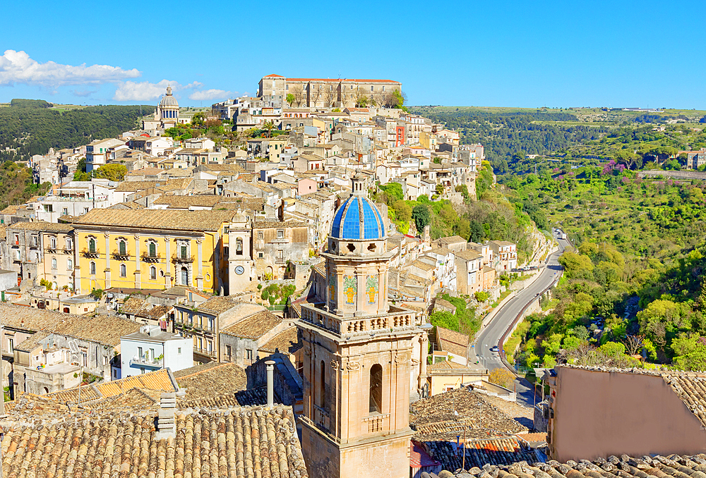 Elevated view of the church of Santa Maria dell'Itria and Ragusa Ibla in the distance, Ragusa Ibla, Ragusa province, Sicily, Italy