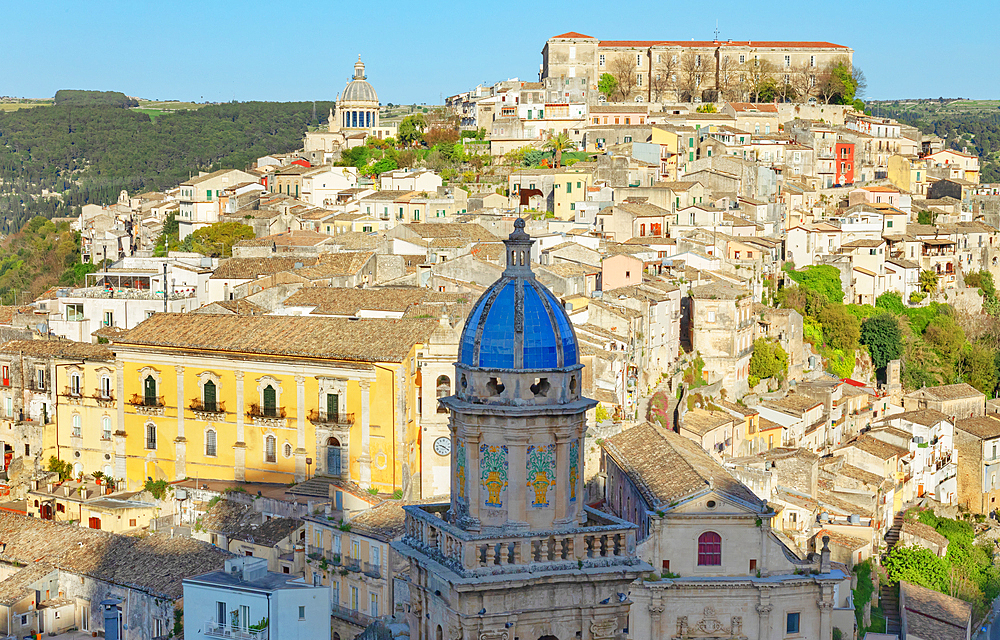 Elevated view of the church of Santa Maria dell'Itria and Ragusa Ibla in the distance, Ragusa Ibla, Ragusa province, Sicily, Italy