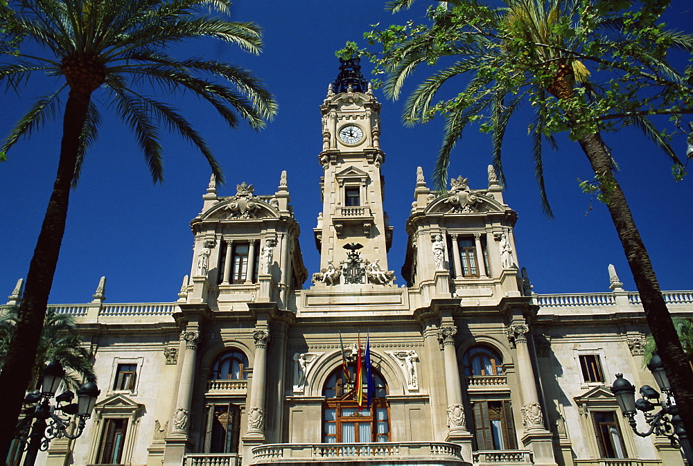 Exterior facade of the Ayuntamiento building in the city centre, Valencia, Spain, Europe