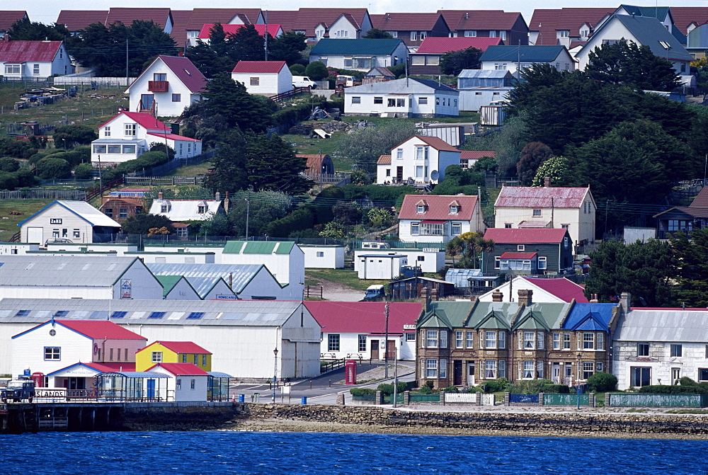 Aerial view of the waterfront, Stanley, East Falkland, Falkland Islands, South Atlantic, South America