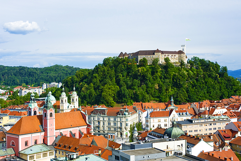 An aerial view of the city centre and Castle Hill, Ljubljana, Slovenia, Europe