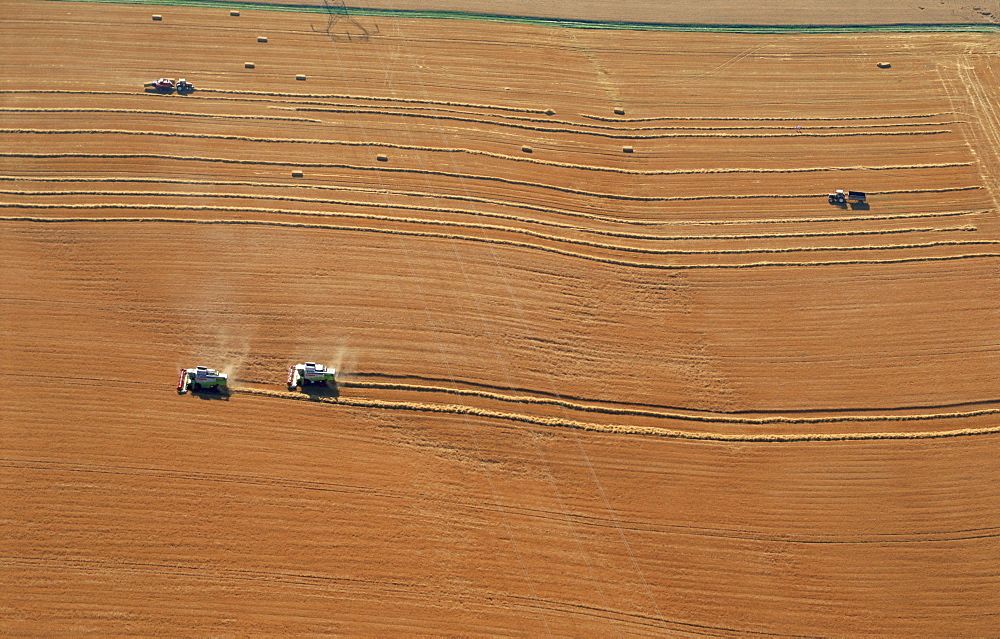 Aerial view of harvesters, Commercy Region, Meuse, Lorraine, France, Europe