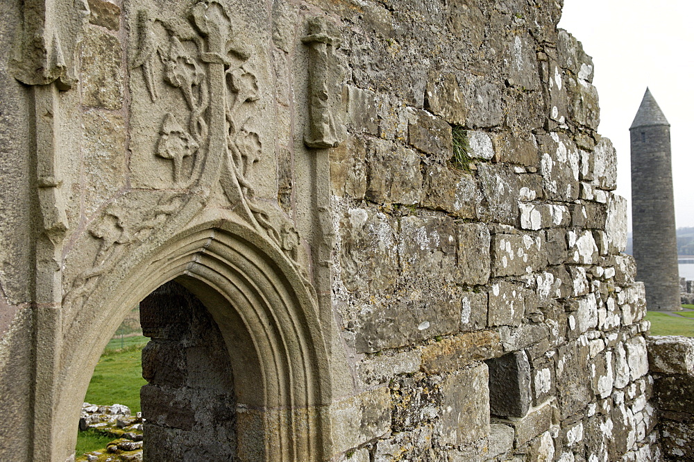 St. Mary's priory, Devenish, a monastic settlement with a history from the 6th to the 16th century, Devenish Island, Lough (lake) Erne, Enniskillen, County Fermanagh, Ulster, Northern Ireland, United Kingdom, Europe