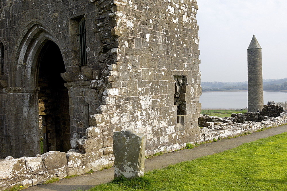 St. Mary's priory, Devenish, a monastic settlement with a history from the 6th to the 16th century, Devenish Island, Lough (lake) Erne, Enniskillen, County Fermanagh, Ulster, Northern Ireland, United Kingdom, Europe