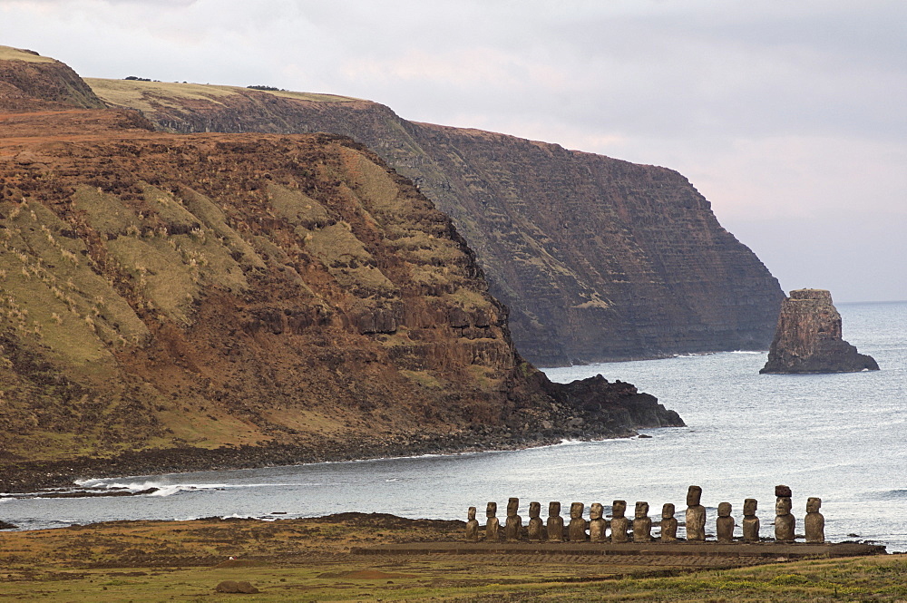 Ahu Tongariki where 15 moai statues stand with their backs to the ocean, Easter Island, UNESCO World Heritage Site, Chile, South America