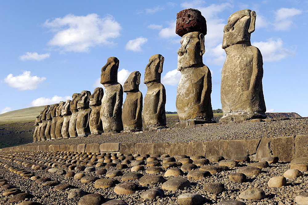 Ahu Tongariki where 15 moai statues stand with their backs to the ocean, Easter Island, UNESCO World Heritage Site, Chile, South America