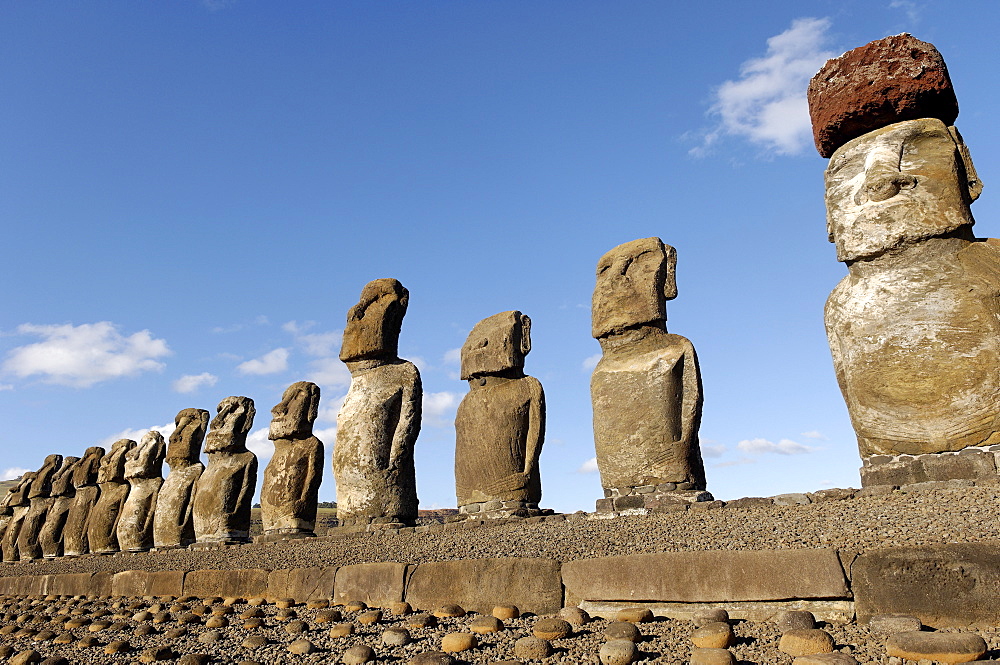 Ahu Tongariki where 15 moai statues stand with their backs to the ocean, Easter Island, UNESCO World Heritage Site, Chile, South America