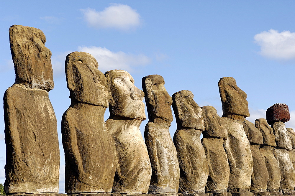 Ahu Tongariki where 15 moai statues stand with their backs to the ocean, Easter Island, UNESCO World Heritage Site, Chile, South America