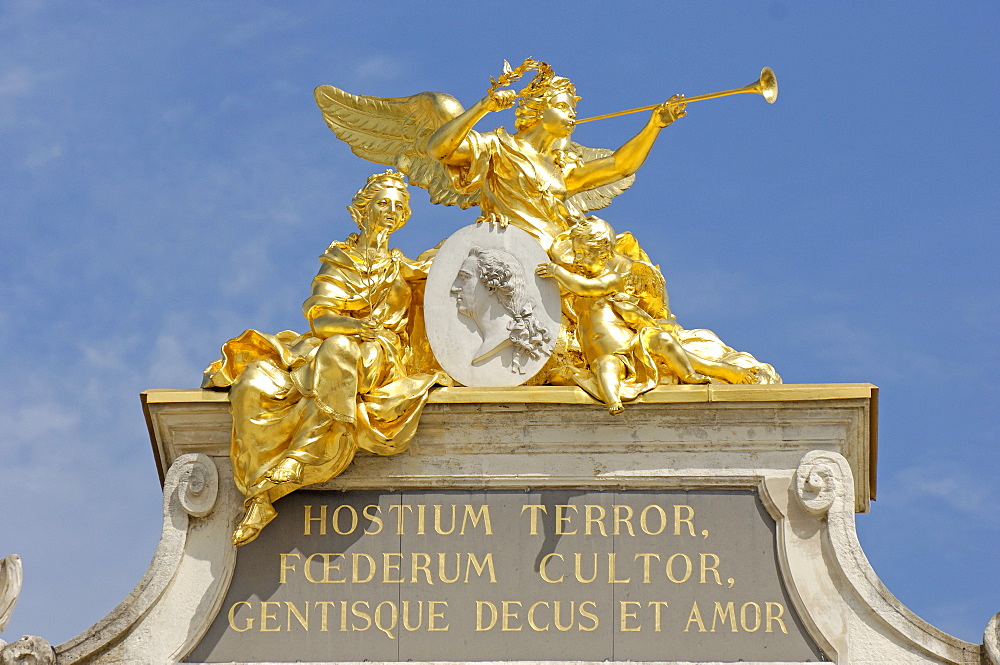 Allegory on the top of the Here Arch, Place Stanislas, formerly Place Royale, UNESCO World Heritage Site, Nancy, Meurthe et Moselle, Lorraine, France, Europe

