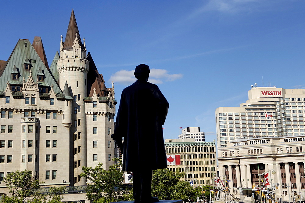 Located in the heart of the capital next to the Parliament Buildings, the Fairmont Chateau Laurier hotel is limestone edifice with turrets and masonry reminiscent of a French chateau, Ottawa, Ontario, Canada, North America